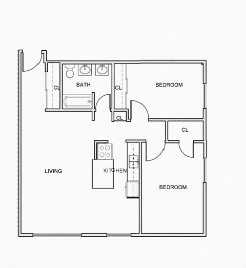 Floor plan for 2 beds, 1 bath, 837 sqft